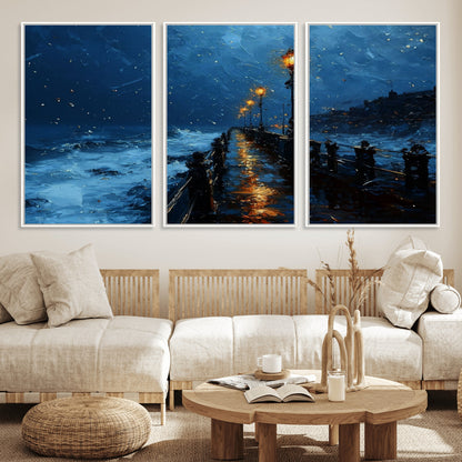 48300530-MGV-FC-60X30-3P_White-Night Pier Wall Art – Moody Ocean Boardwalk Canvas Print, Impressionist Coastal Seascape Painting Decor for Living Room, Office,
