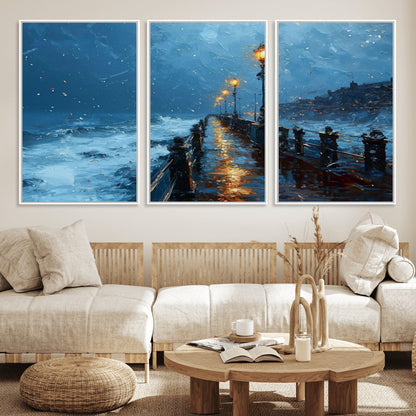 93793246-MGV-FC-60X30-3P_White-Stormy Night Pier Canvas Wall Art – Moody Ocean Landscape with Lights, Blue Coastal Seascape Print for Bedroom, Living Room,