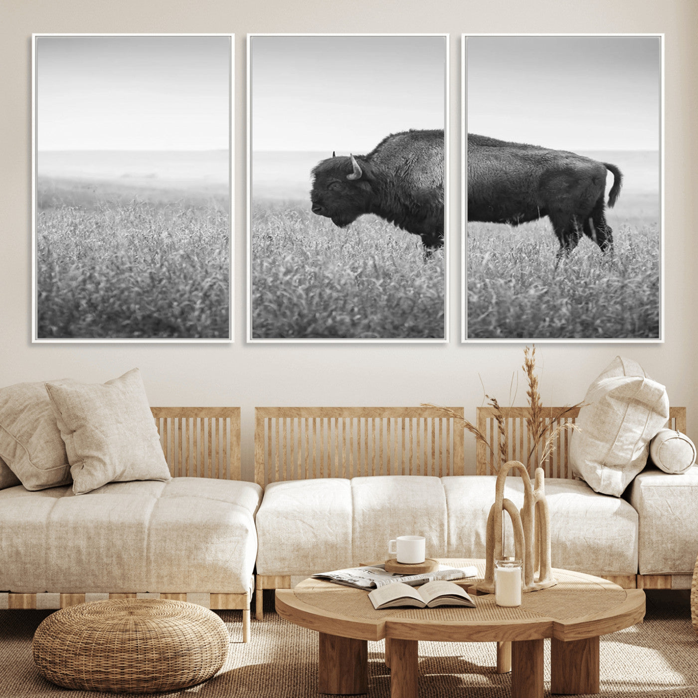 90861202-MGV-CV-36X24-Black and White Bison Canvas Wall Art – Rustic American Buffalo Print, Western Wildlife Photography for Farmhouse, Cabin, Office