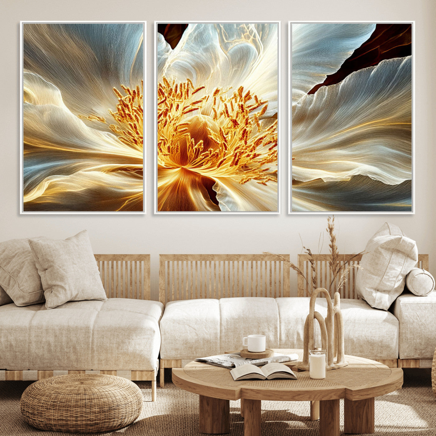 20862576-MGV-FC-60X30-3P_White-Golden Abstract Flower Canvas Wall Art – Modern Botanical Bloom Print, Elegant Floral Artwork for Living Room, Bedroom, Office