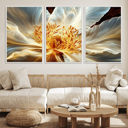 20862576-MGV-FC-60X30-3P_White-Golden Abstract Flower Canvas Wall Art – Modern Botanical Bloom Print, Elegant Floral Artwork for Living Room, Bedroom, Office