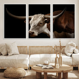 27414857-MGV-CV-36X24-Texas Longhorn Bull Canvas Wall Art – Rustic Western Farmhouse Decor, Brown & White Cow Portrait, Animal Print for Ranch Home