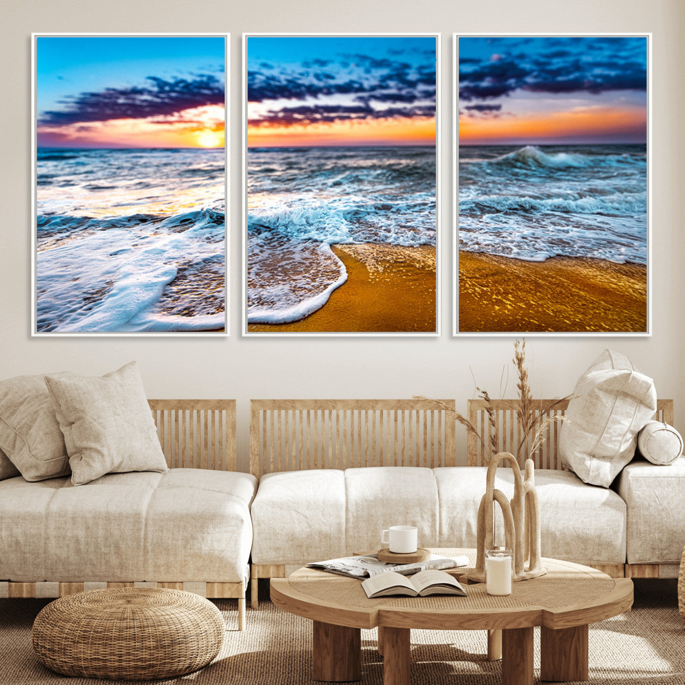 24077769-MGV-CV-36X24-Sunset Beach Wall Art – Ocean Waves Canvas Print, Golden Shoreline Photography Coastal Decor for Living Room, Bedroom, Office,