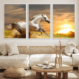 67478480-MGV-FC-60X30-3P_White-White Horse Running at Sunset Wall Art – Majestic Equestrian Photography Print, Rustic Farmhouse Decor, Golden Sky Horse Lover