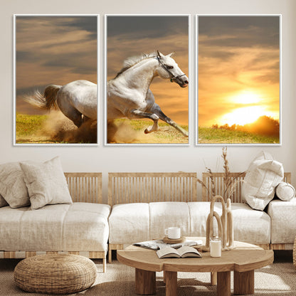 67478480-MGV-FC-60X30-3P_White-White Horse Running at Sunset Wall Art – Majestic Equestrian Photography Print, Rustic Farmhouse Decor, Golden Sky Horse Lover