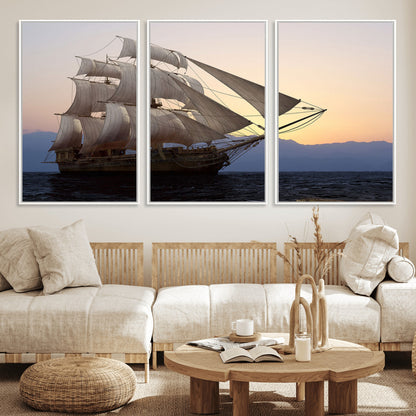 99957679-MGV-FC-60X30-3P_White-Majestic Sailing Ship Wall Art – Sunset Ocean Voyage, Classic Tall Ship with Wind Filled Sails Canvas Print for Home, Office,