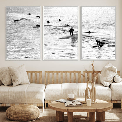 68018616-MGV-FC-60X30-3P_White-Black and White Surf Photography Print – Minimalist Ocean Wall Art, Surfers Riding Waves, Coastal Beach Decor for Modern Home or