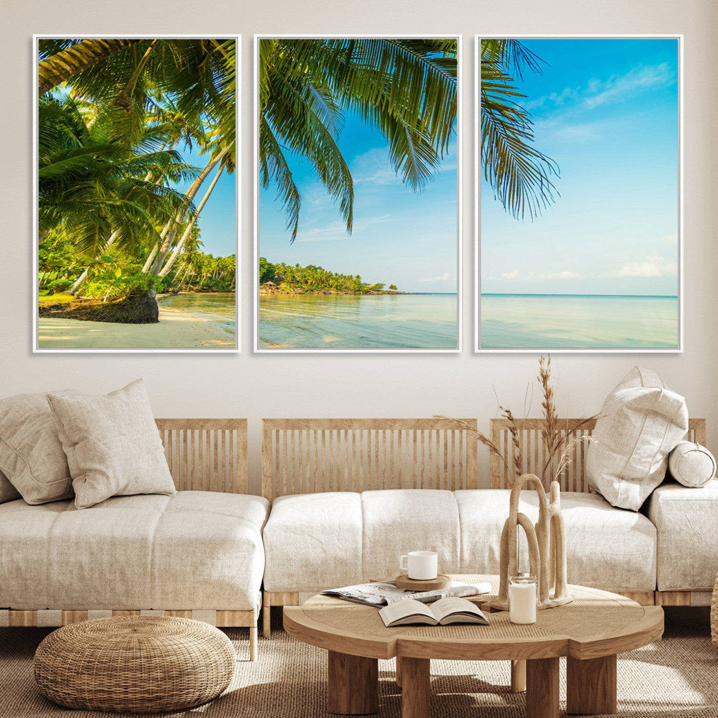 65056721-MGV-FC-60X30-3P_White-Tropical Beach Wall Art – Palm Tree Coastal Photography Print, Relaxing Ocean Paradise Landscape, Island Seascape Home or Office