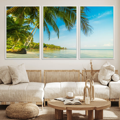 65056721-MGV-FC-60X30-3P_White-Tropical Beach Wall Art – Palm Tree Coastal Photography Print, Relaxing Ocean Paradise Landscape, Island Seascape Home or Office
