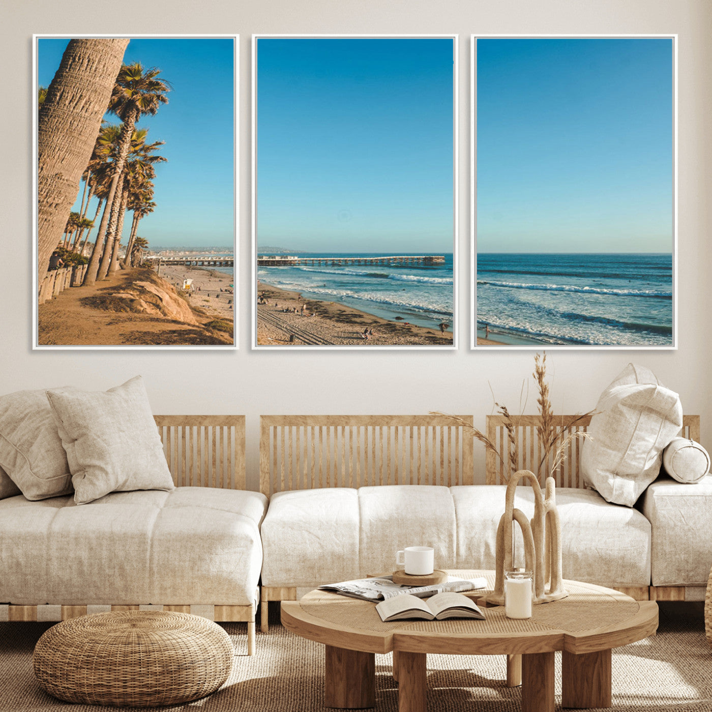 92568259-MGV-CV-36X24-California Beach Wall Art – Palm Tree Pier Canvas Print, Coastal Ocean Photography Seaside Decor for Living Room, Bedroom, Office,