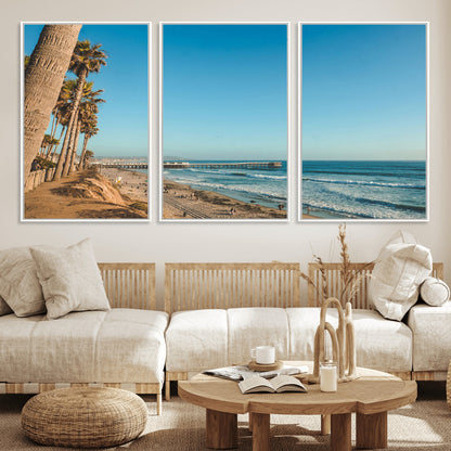 92568259-MGV-CV-36X24-California Beach Wall Art – Palm Tree Pier Canvas Print, Coastal Ocean Photography Seaside Decor for Living Room, Bedroom, Office,