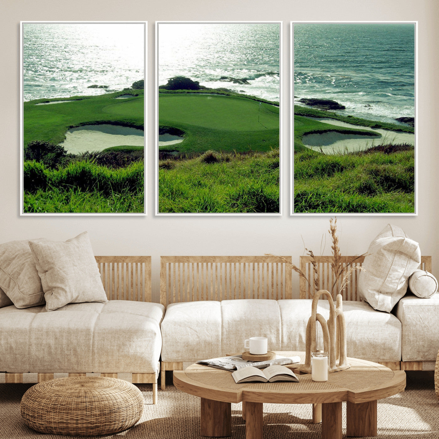 48473947-MGV-FC-60X30-3P_White-Ocean Golf Course Wall Art – Panoramic Green Fairway Canvas Print, Coastal Golf Landscape Photography Sports Decor for Office, Man