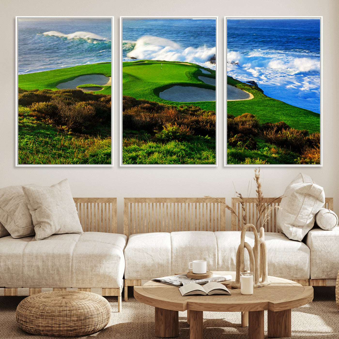 34181847-MGV-CV-36X24-Coastal Golf Course Wall Art – Panoramic Ocean Fairway Canvas Print, Scenic Sports Photography Decor for Office, Man Cave, Living