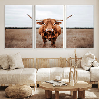16316734-MGV-FC-60X30-3P_White-Texas Longhorn Wall Art – Rustic Bull Portrait Canvas Print, Western Farmhouse Animal Photography Decor for Living Room, Office,