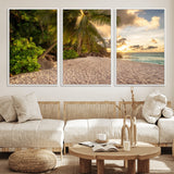 89531159-MGV-FC-60X30-3P_White-Tropical Beach Sunset Canvas Wall Art – Palm Trees Golden Sand Ocean Waves Coastal Paradise Print for Beach House Bedroom Bathroom
