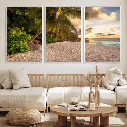 89531159-MGV-FC-60X30-3P_White-Tropical Beach Sunset Canvas Wall Art – Palm Trees Golden Sand Ocean Waves Coastal Paradise Print for Beach House Bedroom Bathroom