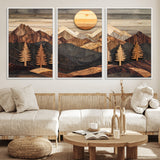 90044381-MGV-FC-60X30-3P_White-Rustic Wall Art – Wooden Mountain Landscape with Sun and Pine Trees, Handcrafted Nature Canvas Style Decor for Bedroom, Living