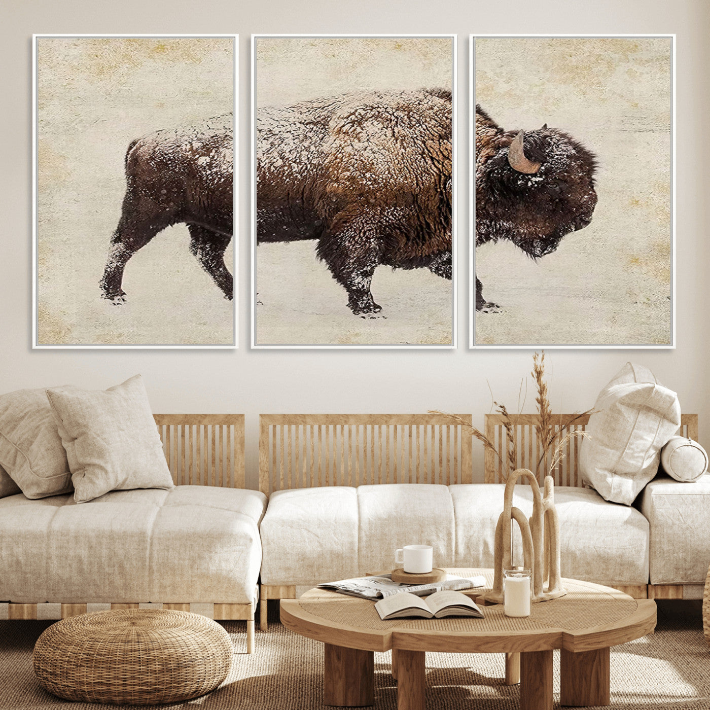 54810031-MGV-FC-60X30-3P_White-Western Wall Art – Snow Covered Bison Canvas Print, Rustic Wildlife Photography Decor for Bedroom, Living Room, Office, Lodge,