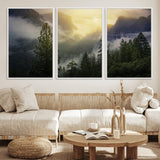 38316884-MGV-FC-60X30-3P_White-Landscape Wall Art – Misty Mountain Valley Canvas Print, Scenic Pine Forest and Sunrise Photography Decor for Bedroom, Living
