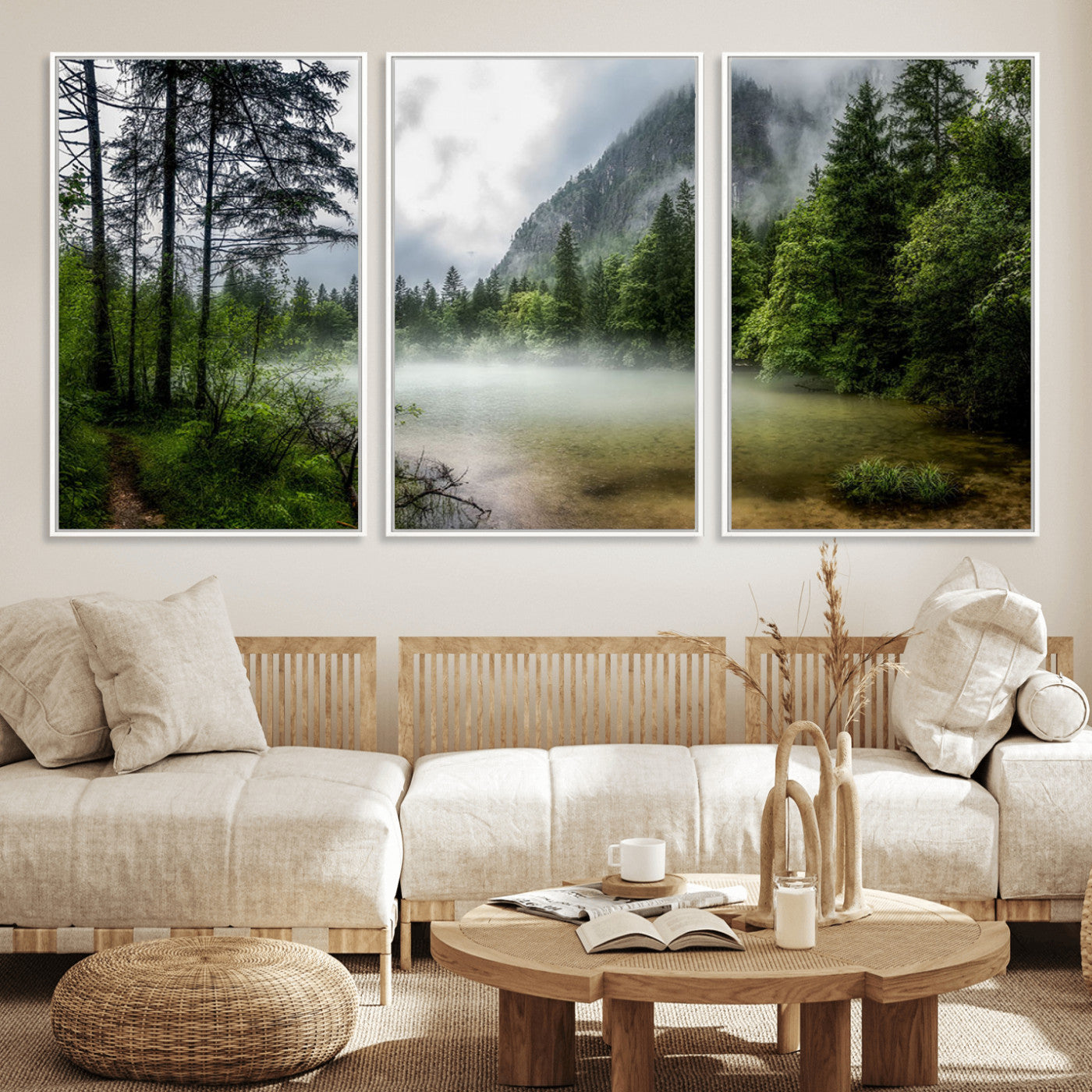 93123937-MGV-FC-60X30-3P_White-Landscape Wall Art – Misty Mountain Lake Canvas Print, Tranquil Forest and Waterfall Photography Decor for Bedroom, Living Room,