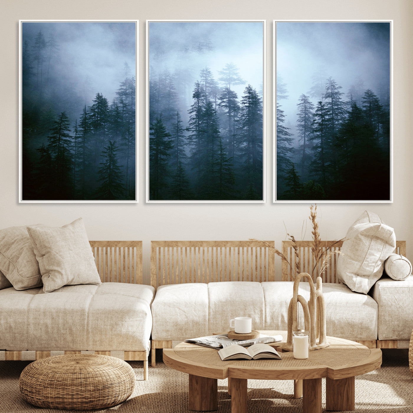 93439624-MGV-FC-60X30-3P_White-Forest Wall Art – Misty Pine Trees Canvas Print, Moody Nature Photography Decor for Bedroom, Living Room, Office, Cabin, Lodge or