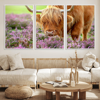 64069351-MGV-CV-36X24-Farmhouse Wall Art – Highland Cow in Wildflowers Canvas Print, Rustic Country Cattle Photography Decor for Bedroom, Living Room,
