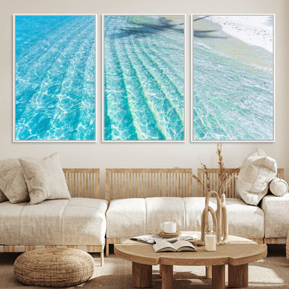 46233906-MGV-FC-60X30-3P_White-Coastal Wall Art – Turquoise Ocean Waves and White Sand Canvas Print, Tropical Beach Photography Decor for Bedroom, Living Room,