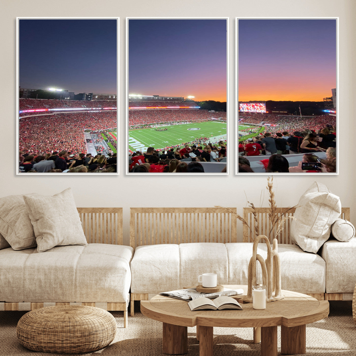 25139565-MGV-FC-60X30-3P_White-Sanford Stadium Wall Art – Georgia Bulldogs Football Sunset Panorama Canvas Print, College Game Day Decor for Man Cave, Bar, or