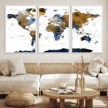 MGV-FC-60X30-3P - World Map Wall Art Canvas Print, Framed Blue Gold Map Art Picture Print, Rustic Atlas Perfect Rustic Modern Decor Artwork