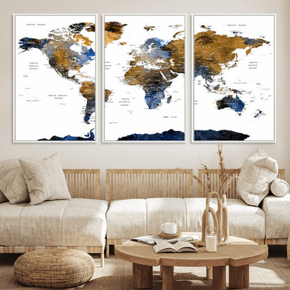 MGV-FC-60X30-3P - World Map Wall Art Canvas Print, Framed Blue Gold Map Art Picture Print, Rustic Atlas Perfect Rustic Modern Decor Artwork