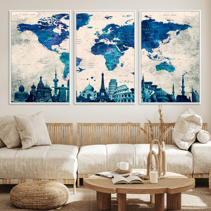 MGV-FC-60X30-3P - Blue World Map Wall Art Canvas Print, Framed Iconic Landmarks Art Picture Print, Blue Globe Map Perfect Elegant Explorer Decor Artwork