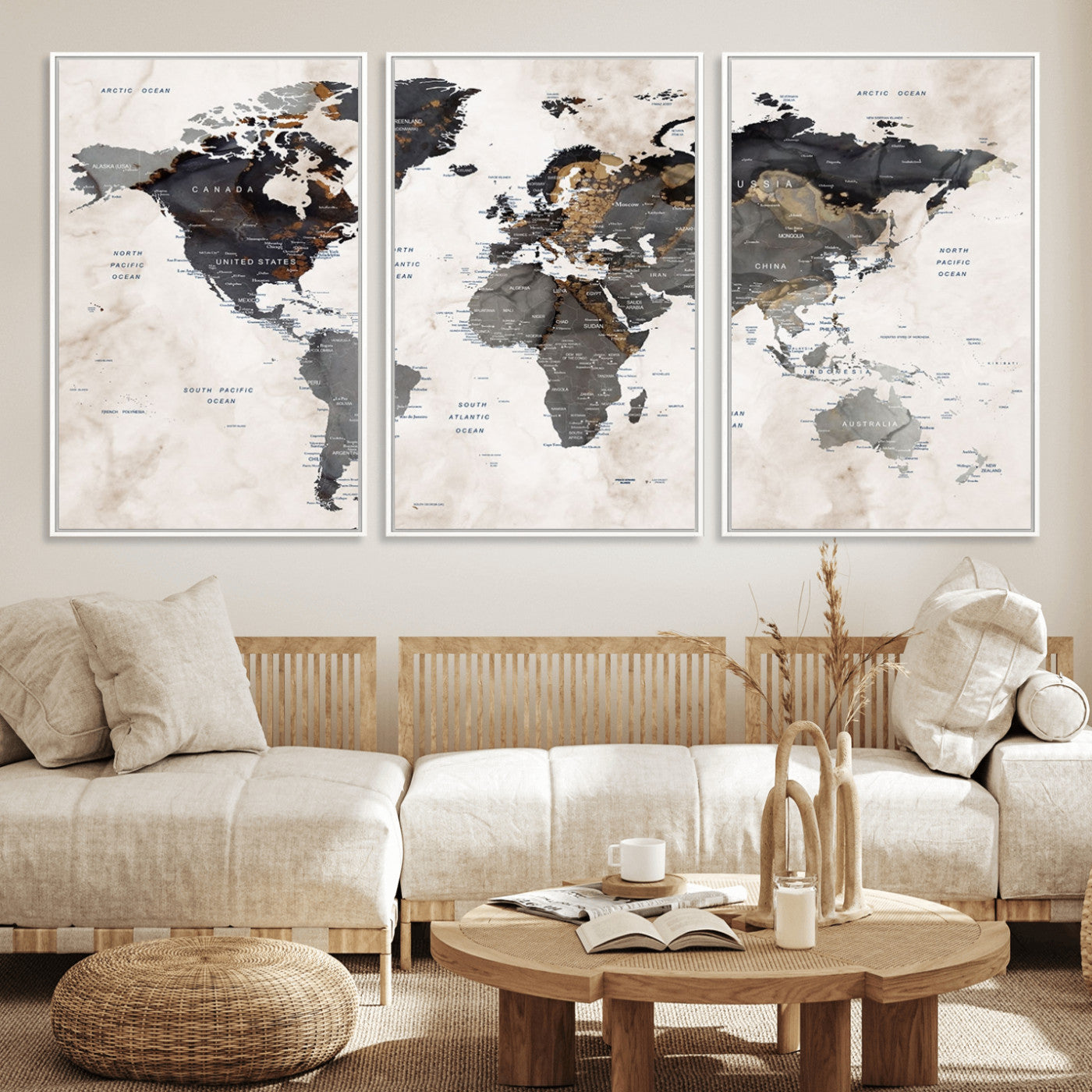 MGV-FC-60X30-3P - World Map Wall Art Canvas Print, Framed Rustic Map Art Picture Print, Antique Map Perfect Rustic Explorer Decor Artwork