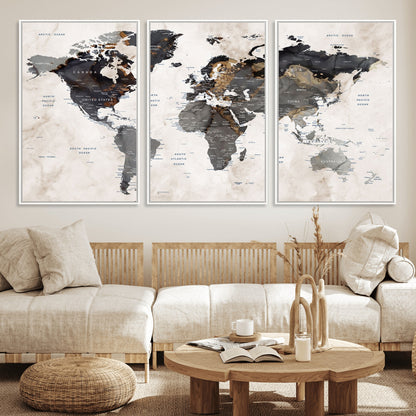 MGV-FC-60X30-3P - World Map Wall Art Canvas Print, Framed Rustic Map Art Picture Print, Antique Map Perfect Rustic Explorer Decor Artwork