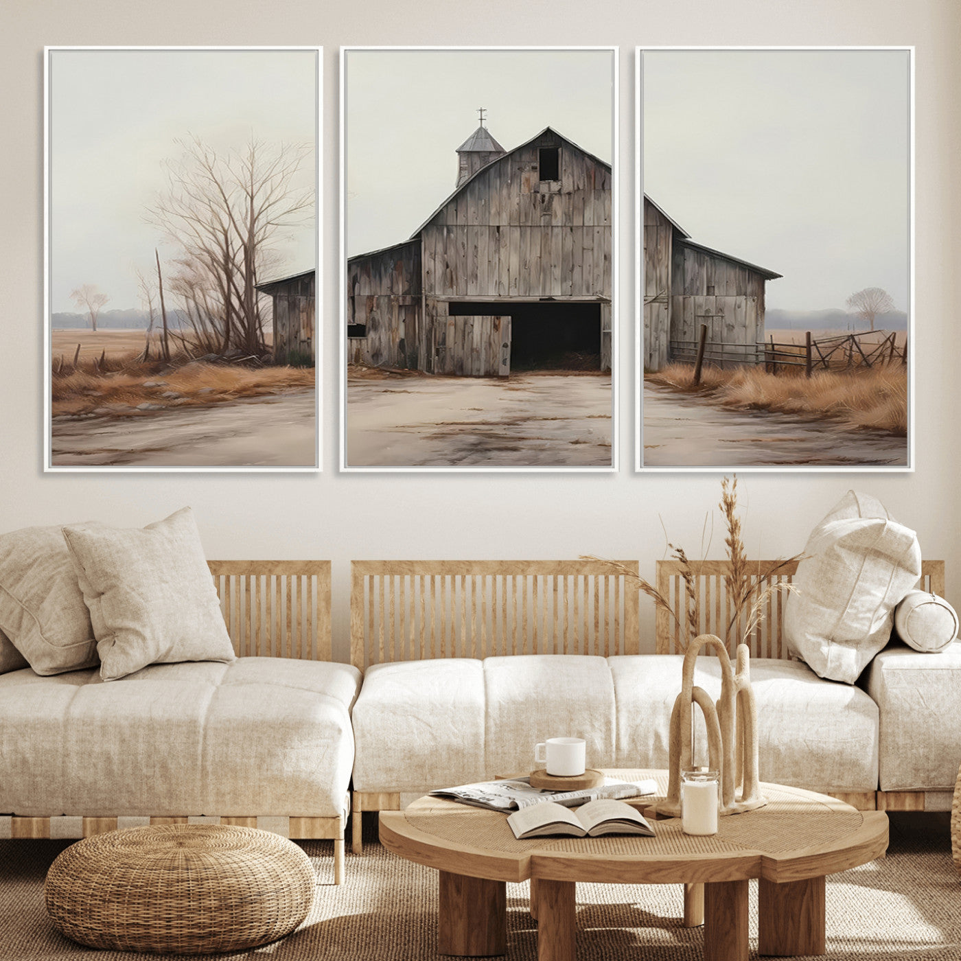 90499-MGV-FC-60X30-3P_White-Old Barn Wall Art Canvas Print, Framed Rustic Barn Art Picture Print, Abandoned Farm Perfect Rustic Farmhouse Decor Artwork