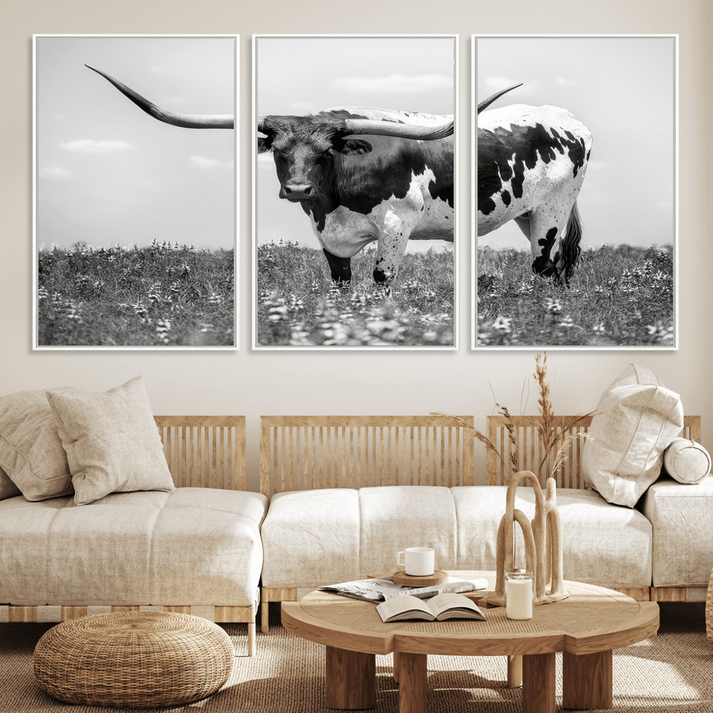 83785-MGV-CV-36X24-Texas Longhorn Wall Art Canvas Print, Framed Horned Bull Art Picture Print, Monochrome Cattle Perfect Rustic Western Decor Artwork