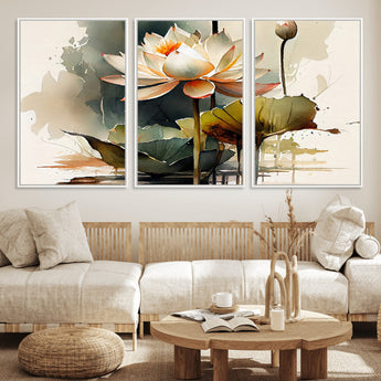 46359-MGV-FC-60X30-3P_White-Lotus Blossom Wall Art Canvas Print, Framed Water Lily Art Picture Print, Zen Flower Perfect Zen Botanical Decor Artwork