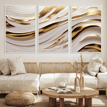 41237-MGV-FC-60X30-3P_White-Gold Waves Wall Art Canvas Print, Framed Elegant Flow Art Picture Print, Luxury Layers Perfect Minimal Luxe Decor Artwork