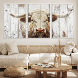 10840-MGV-FC-60X30-3P_White-Texas Longhorn Wall Art Canvas Print, Framed Rustic Bull Art Picture Print, Western Cattle Perfect Rustic Western Decor Artwork