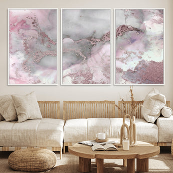 16416-MGV-FC-60X30-3P_White-Blush Marble Wall Art Canvas Print, Framed Rose Gold Art Picture Print, Pink Cloudy Perfect Modern Glam Decor Artwork