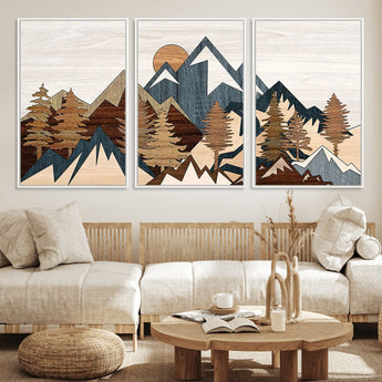 80300-MGV-FC-60X30-3P_White-Geometric Mountains Wall Art Canvas Print, Framed Stylized Trees Art Picture Print, Graphic Forest Perfect Rustic Abstract Decor