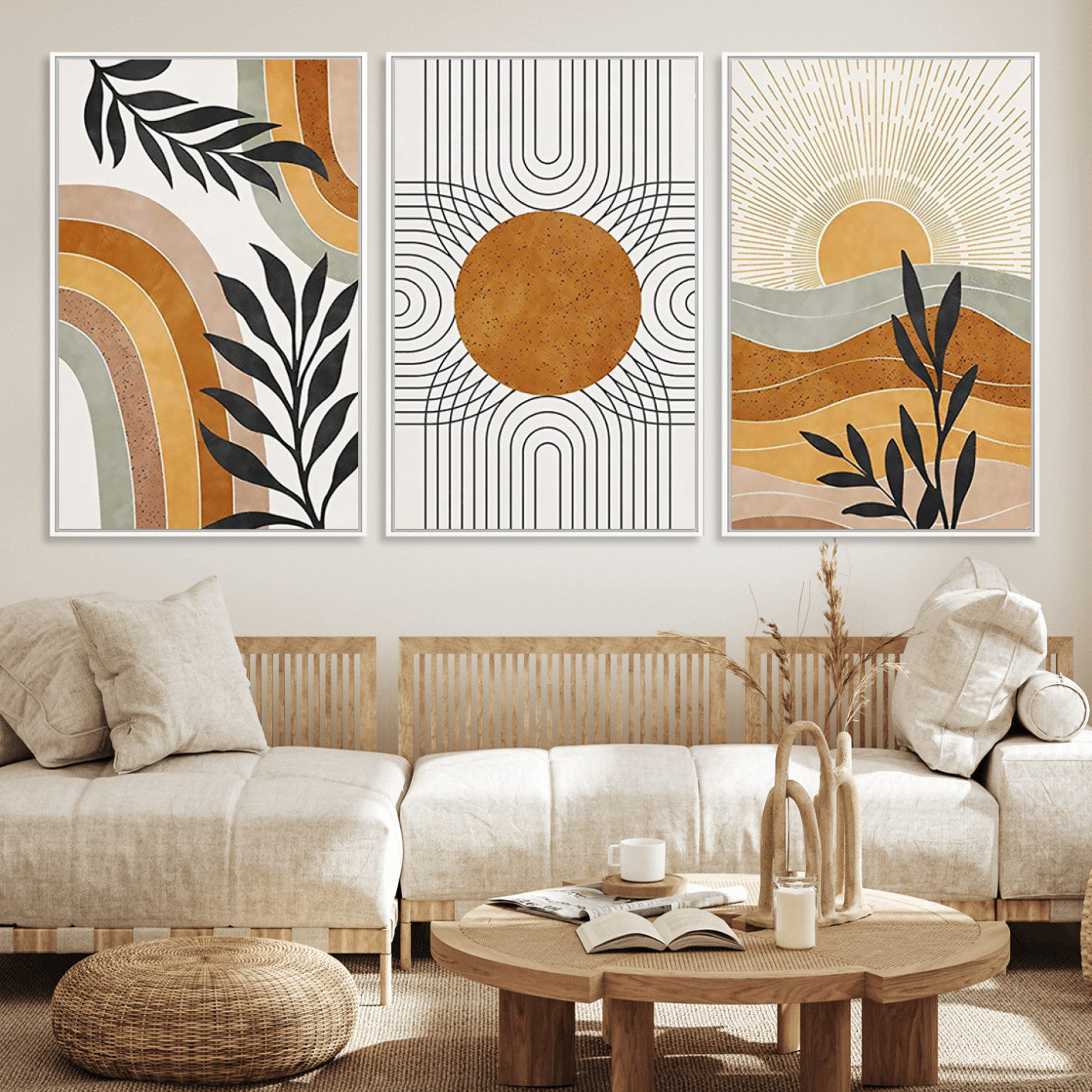 32359-MGV-FC-60X30-3P_White-Modern Sun Wall Art Canvas Print, Framed Retro Horizon Art Picture Print, Sunburst Design Perfect Mid Century Boho Decor Artwork