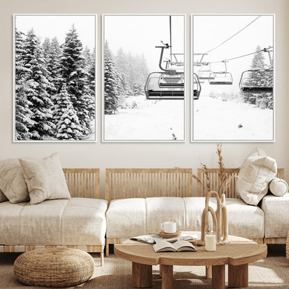 49274-MGV-CV-36X24-Snowy Forest Wall Art Canvas Print, Framed Ski Lift Art Picture Print, Mountain Snow Perfect Minimal Winter Lodge Decor Artwork