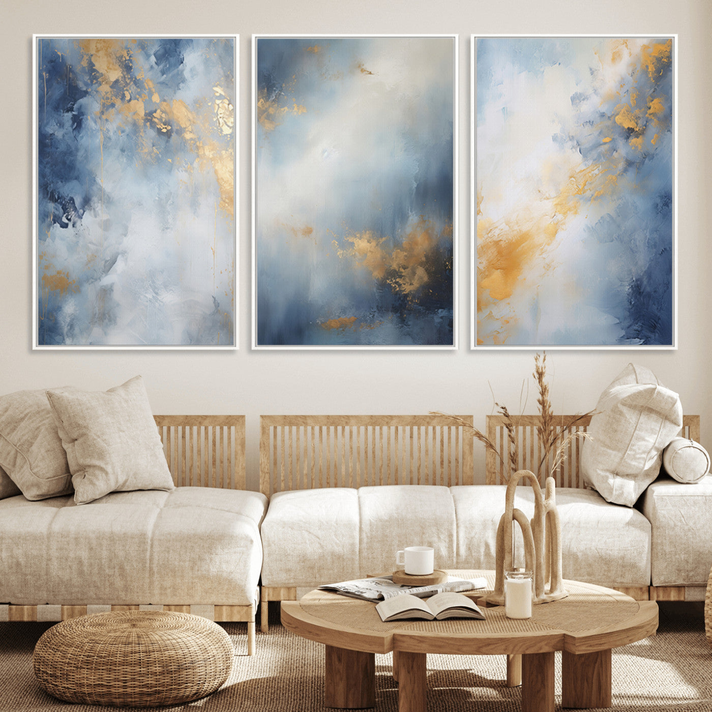 41836-MGV-CV-36X24-Abstract Gold Wall Art Canvas Print, Framed Blue Layers Art Picture Print, Elegant Cloud Perfect Elegant Minimalist Decor Artwork