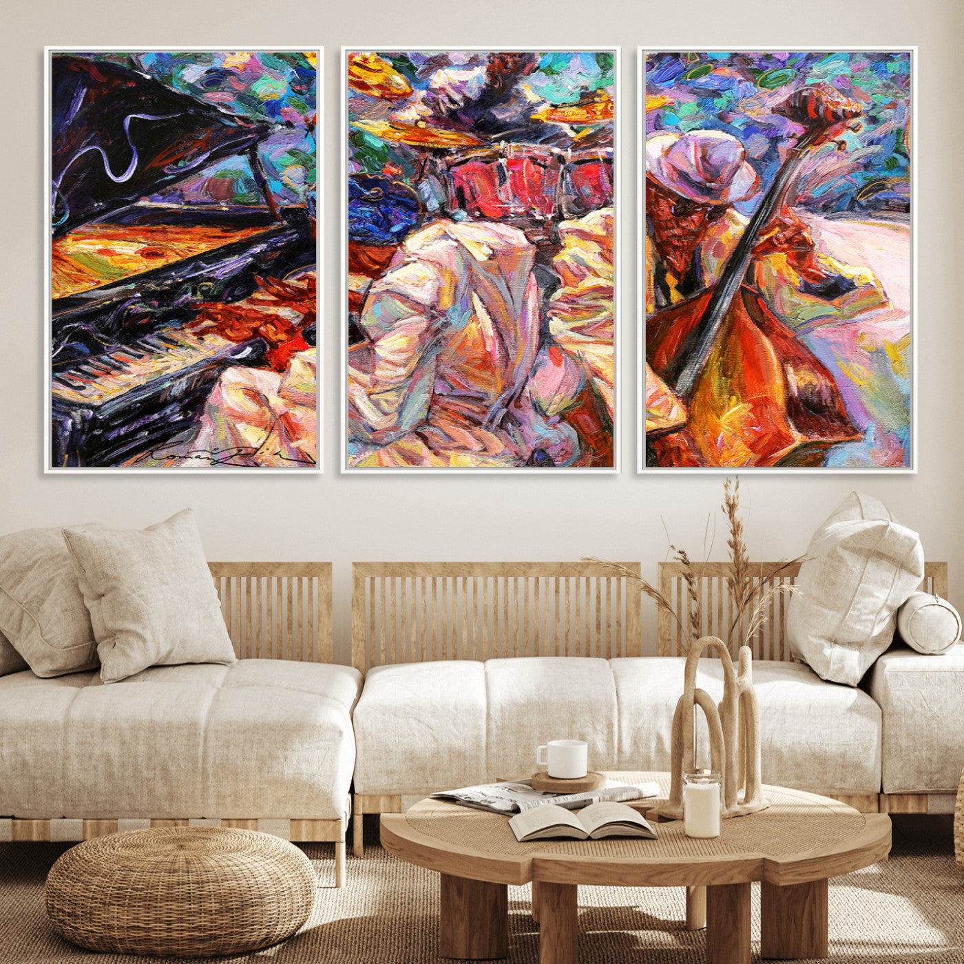 13675-MGV-FC-60X30-3P_White-Jazz Band Wall Art Canvas Print, Framed Jazz Oil Painting Art Picture Print, Vibrant Music Perfect Abstract Musical Decor Artwork