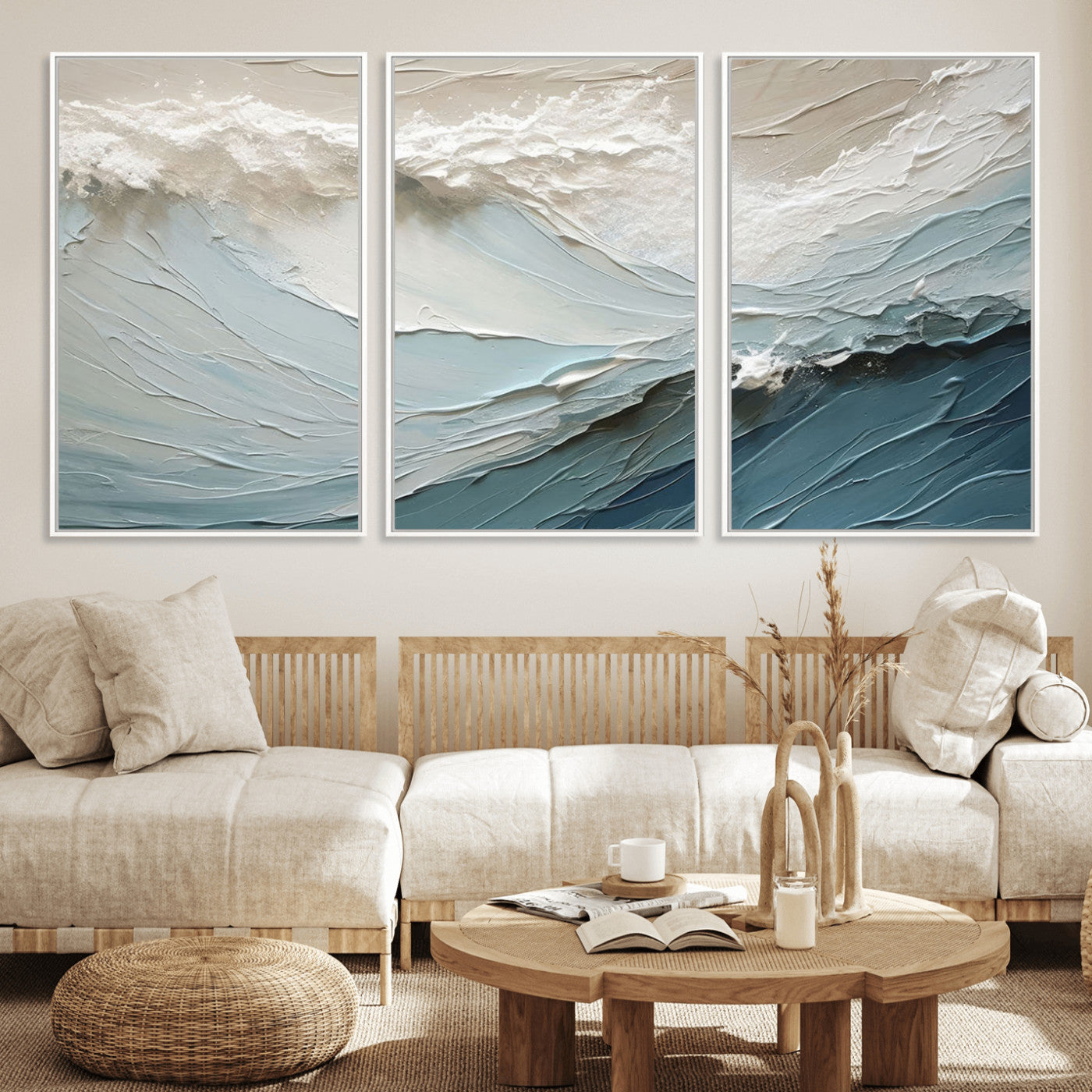 53646-MGV-FC-60X30-3P_White-Ocean Wave Wall Art Canvas Print, Framed Textured Seascape Art Picture Print, Modern Ocean Perfect Minimal Coastal 2/2 Decor
