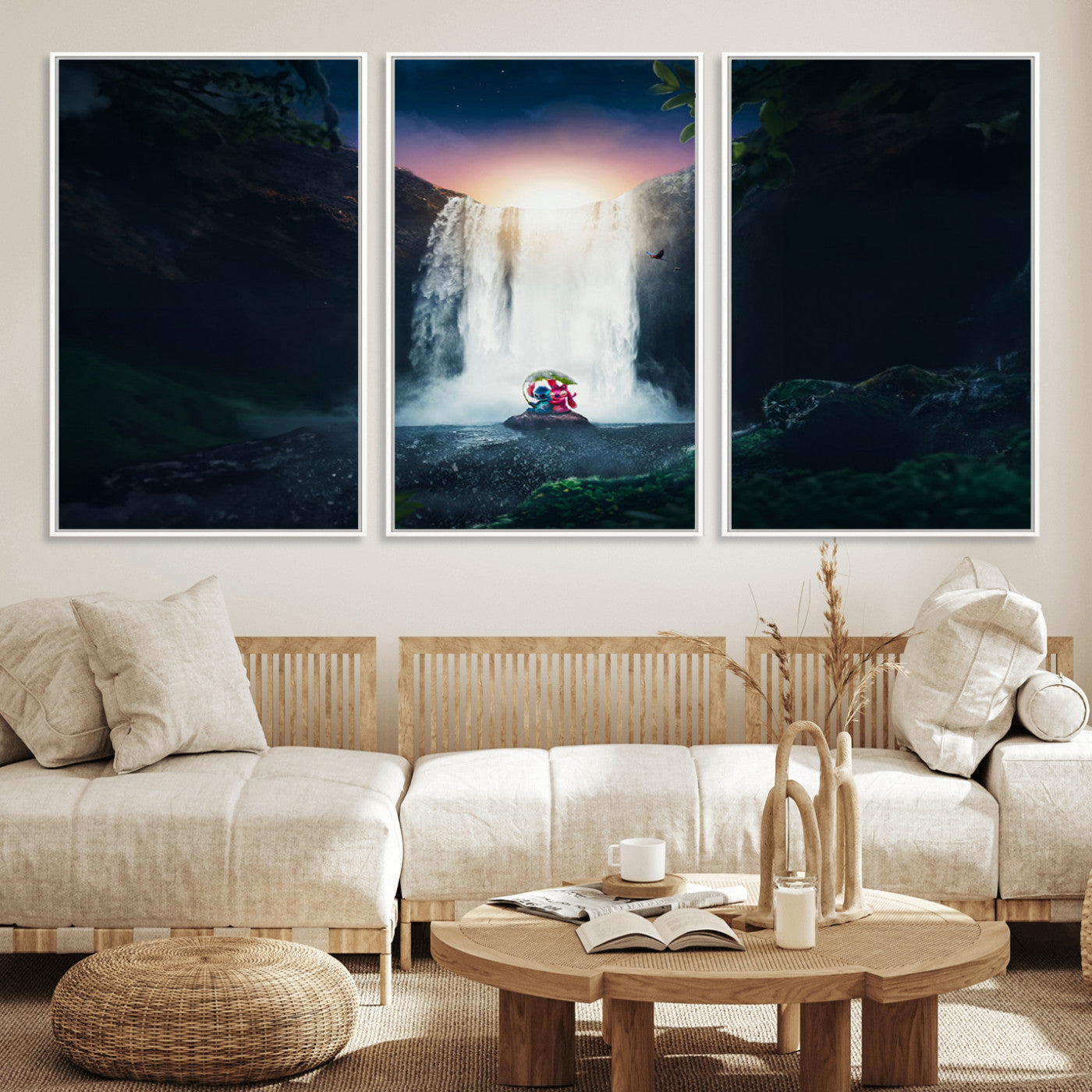 56359-MGV-FC-60X30-3P_White-Lilo Stitch Wall Art Canvas Print, Framed Stitch Angel Art Picture Print, Cartoon Waterfall Perfect Tropical Fantasy Decor Artwork