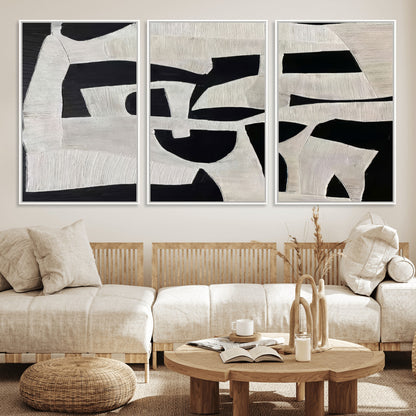 33714-MGV-FC-60X30-3P_White-Monochrome Design Wall Art Canvas Print, Framed Modern Linework Art Picture Print, Textured Shapes Perfect Monochrome Modern Decor