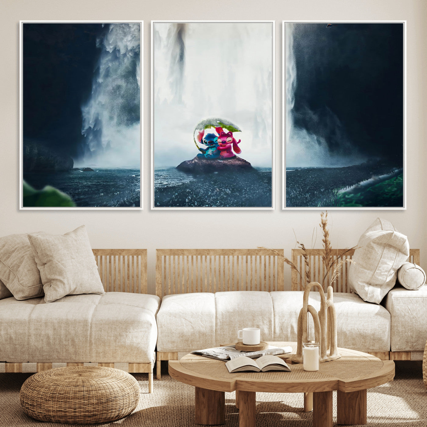 32259-MGV-FC-60X30-3P_White-Stitch Angel Wall Art Canvas Print, Framed Stitch Waterfall Art Picture Print, Cartoon Couple Perfect Moody Fantasy Decor Artwork