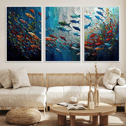 89626-MGV-FC-60X30-3P_White-Fish Swarm Wall Art Canvas Print, Framed Abstract Ocean Art Picture Print, Underwater Life Perfect Vibrant Coastal Decor Artwork