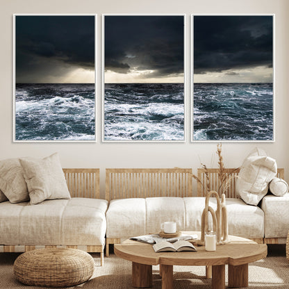 51359-MGV-FC-60X30-3P_White-Stormy Ocean Wall Art Canvas Print, Framed Moody Seascape Art Picture Print, Ocean Storm Perfect Dramatic Coastal Decor Artwork